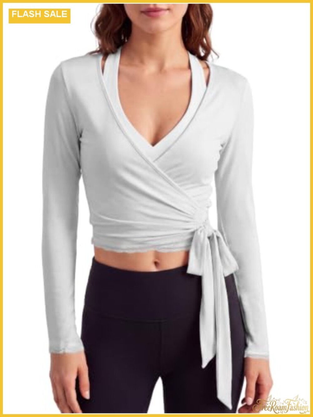 Women's Long Sleeve Wrap Workout Top Tie Waist Lace Y2K Yoga Shirt